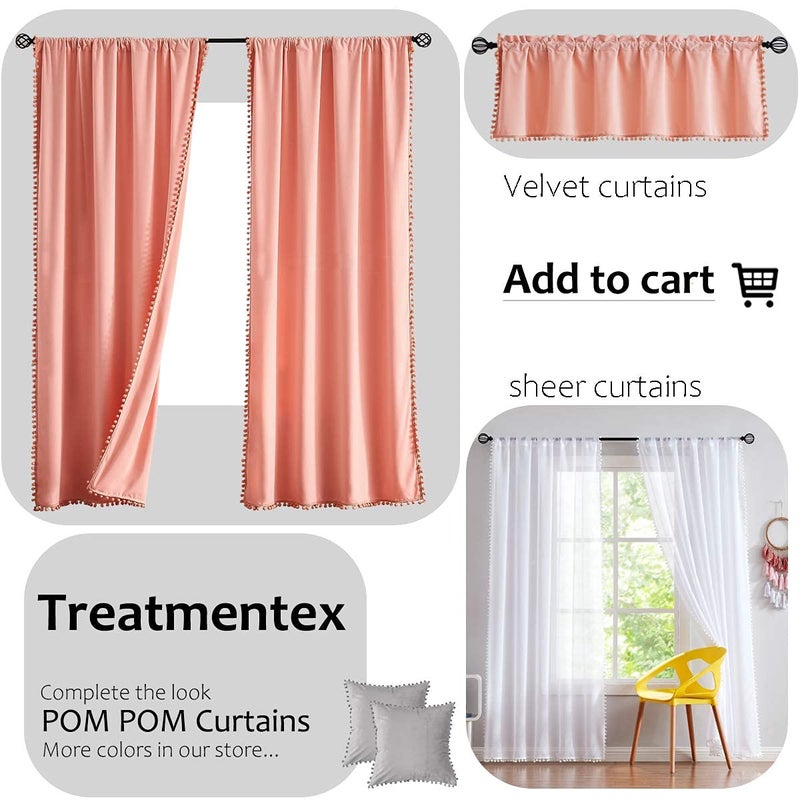Treatmentex Snow White Sheer Curtains 95" Bedroom Decorative Pompom Trimmed Voile Window Curtain for Living Room Linen Look 2 Panels - Image 5